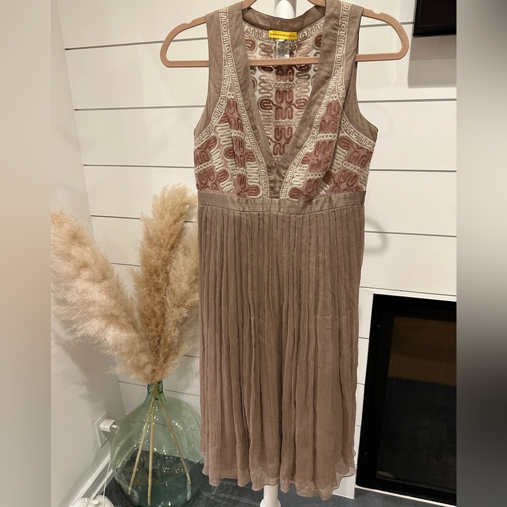 Catherine Malandrino Taupe and Pink Midi Dress -silk and cotton.